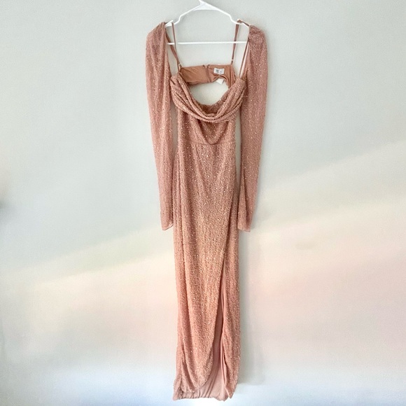 Oh Polly Champel Embellished Cowl Neck Long Sleeve Maxi Dress in Nude - Picture 6 of 11